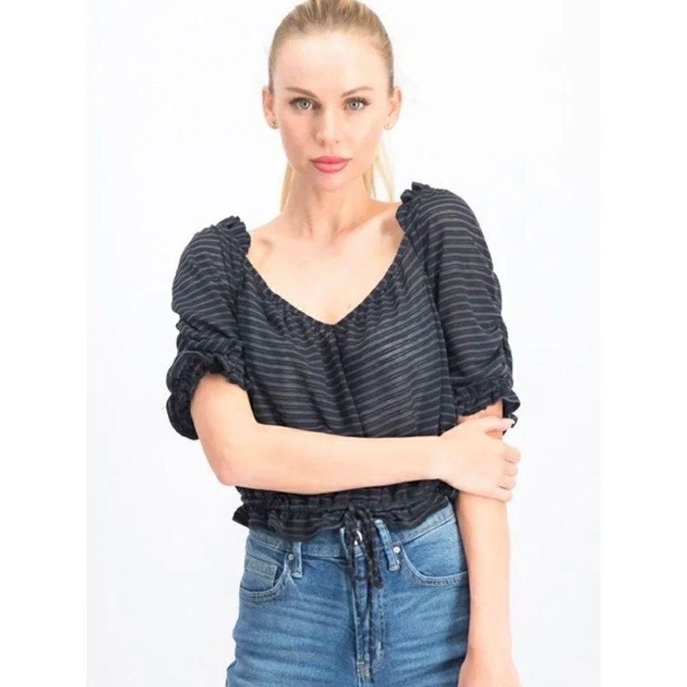 Free‎ People Dorothy Sheer Stripe Ruched Sleeve Top Small Black